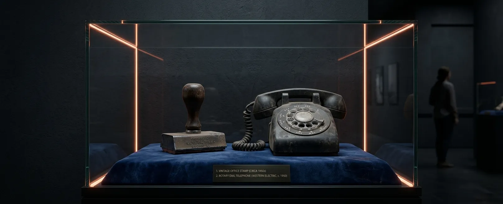 Стеклянная витрина музея, внутри которой лежит старая офисная печать и телефон