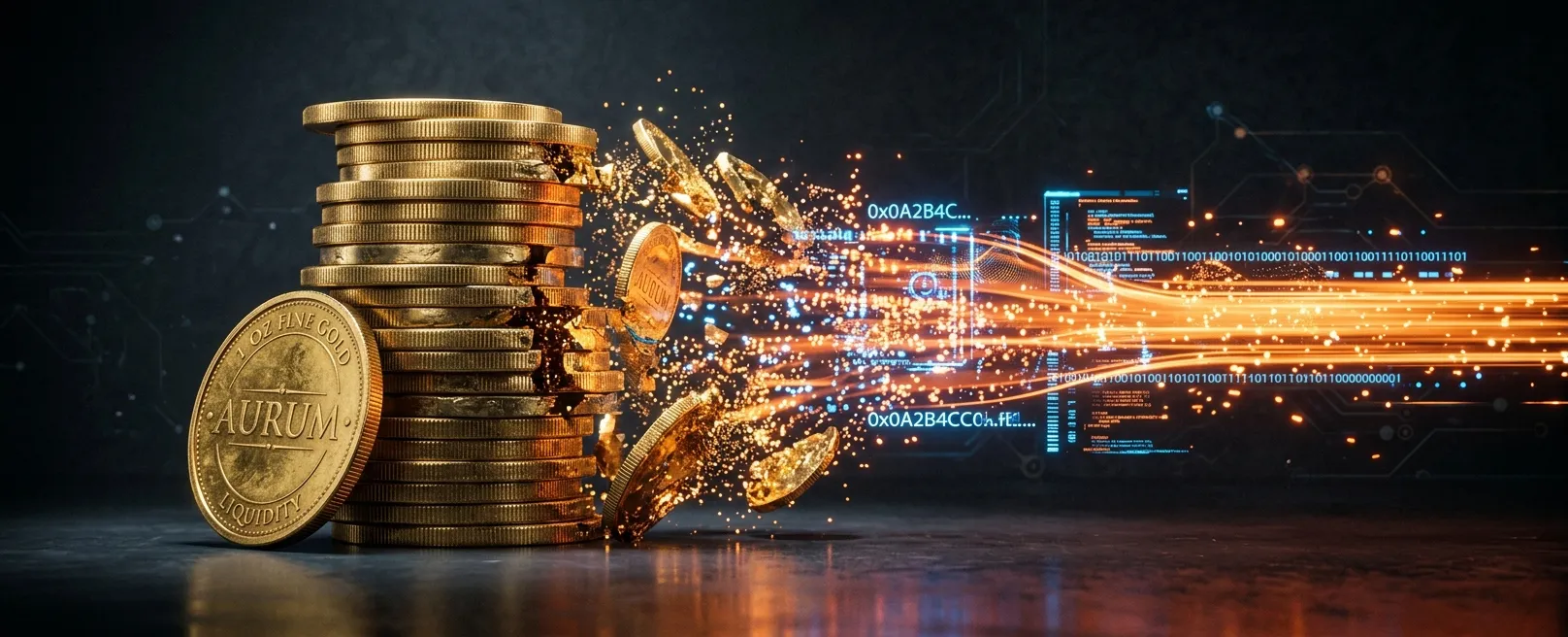 Золотые монеты, превращающиеся в цифровой поток оранжевого света