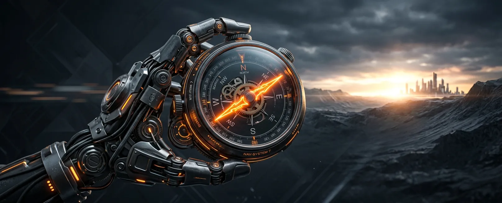 Футуристический компас, стрелка которого светится оранжевым и указывает в темноту