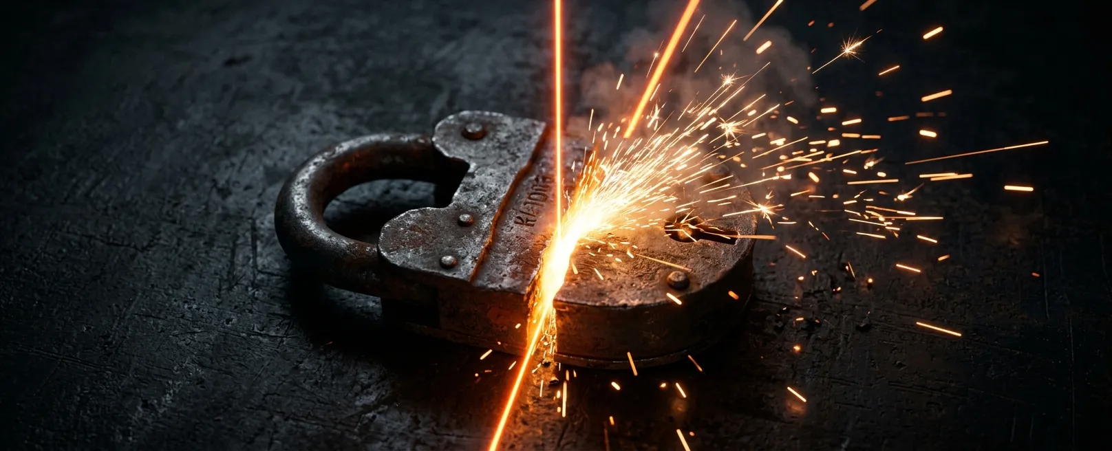 Массивный стальной замок, разрезанный тонким лазерным лучом оранжевого цвета