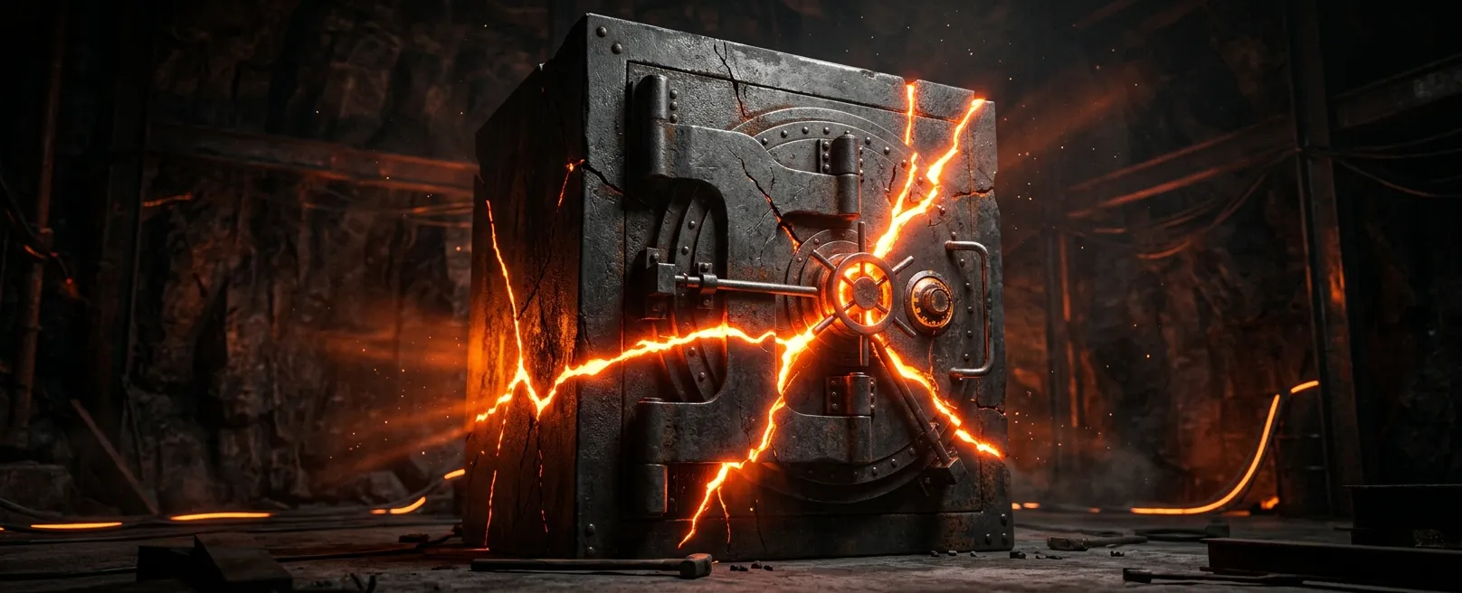 Массивный гранитный сейф, из трещин которого вырывается яркий оранжевый свет