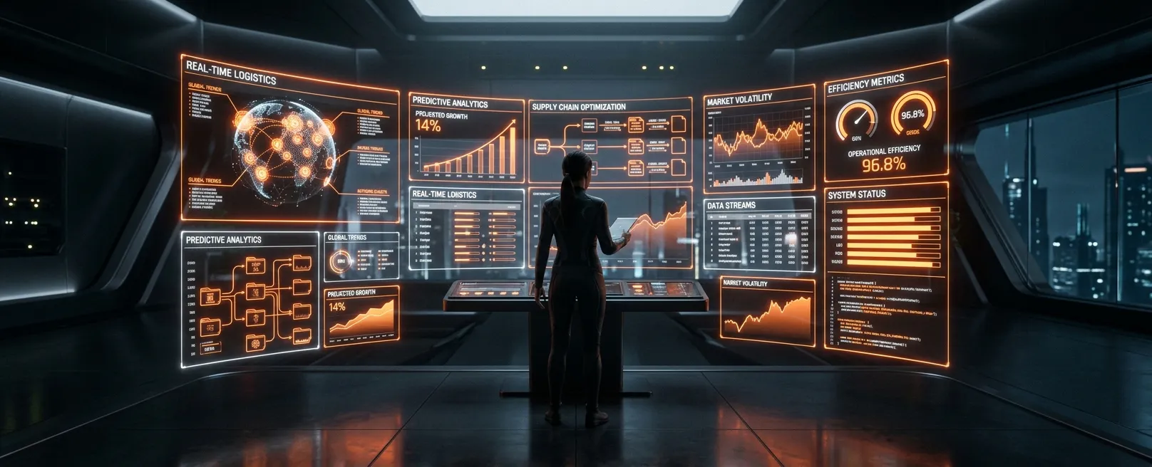 Футуристический командный центр с одним человеком, наблюдающим за голографическими интерфейсами, отображающими самооптимизирующиеся бизнес-метрики и потоки данных.