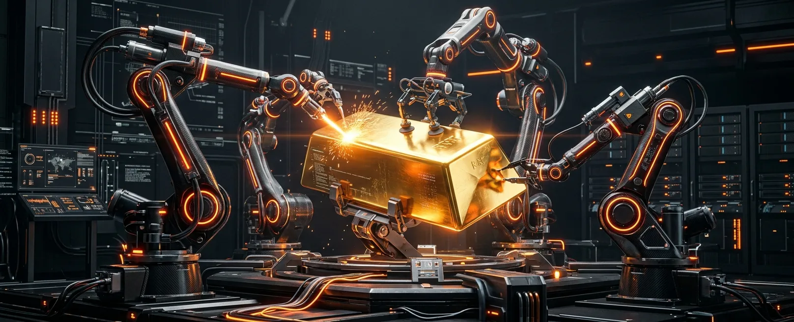 Золотой слиток, выкованный и отполированный роботизированными манипуляторами.