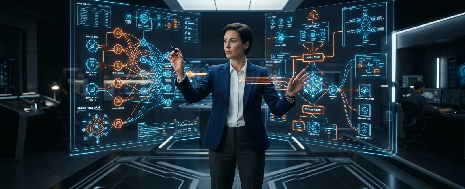 Человек-архитектор, проектирующий сложную нейросеть на голографическом дисплее.