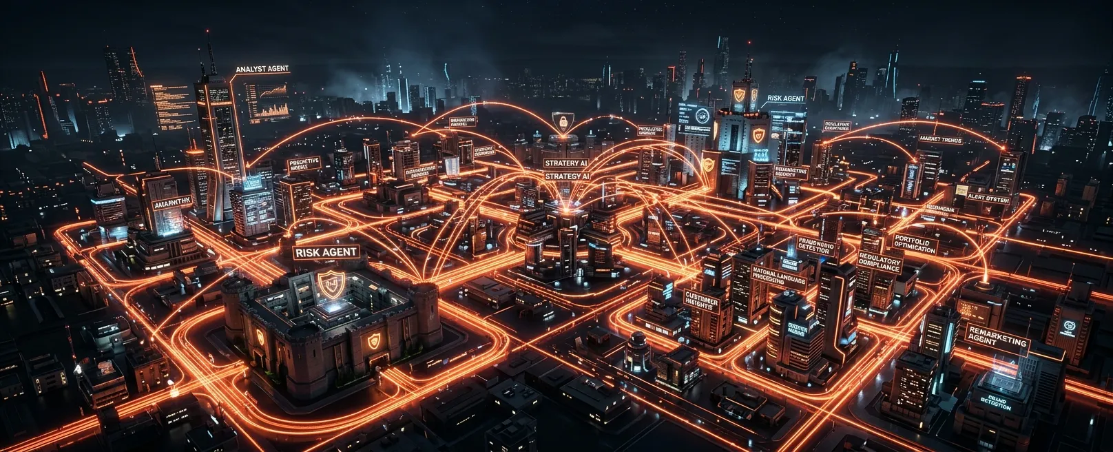 Сложный футуристический городской план с множеством взаимосвязанных AI-агентов.