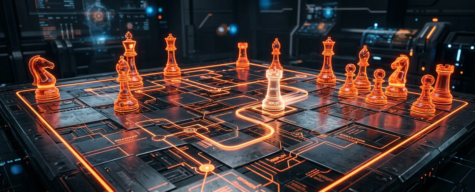 Футуристическая шахматная доска с фигурами, движущимися по сложной стратегии.