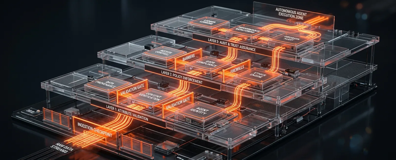 Многоуровневая, прозрачная архитектурная модель, состоящая из взаимосвязанных блоков и светящихся оранжевых потоков данных, каждый уровень которой имеет отдельные защитные барьеры и контрольные точки.