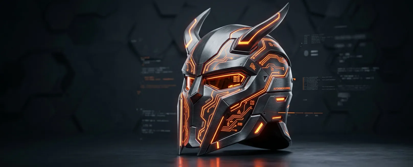 Футуристический шлем гладиатора с интегрированными светящимися оранжевыми схемами, символизирующий трансформацию безопасности данных из обороны в стратегическое оружие.