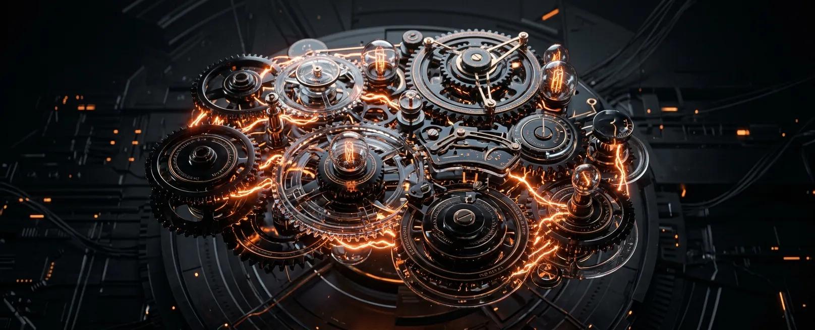 Сложный часовой механизм из темного стекла и неона, где шестеренки не касаются друг друга