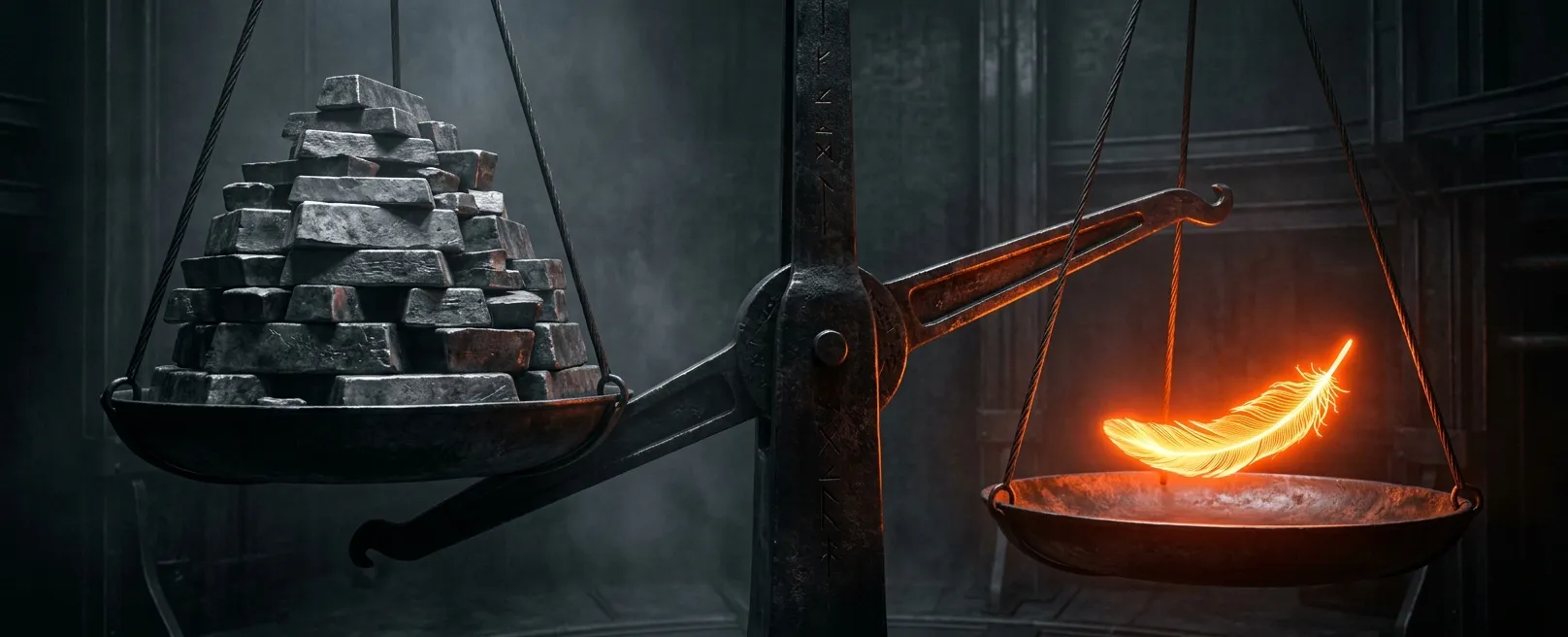 Массивные стальные весы, где одно светящееся перо перевешивает гору серого свинца