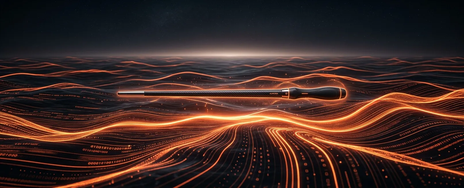 Метафора лидерства: дирижерская палочка, парящая над океаном цифровых импульсов