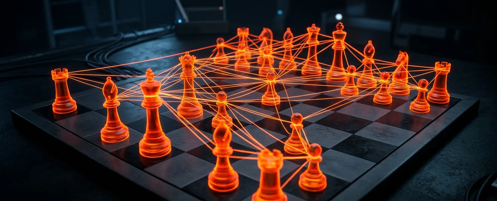 Метафора Agentic Workflows: сложная шахматная доска, где фигуры двигаются сами, создавая световую сеть