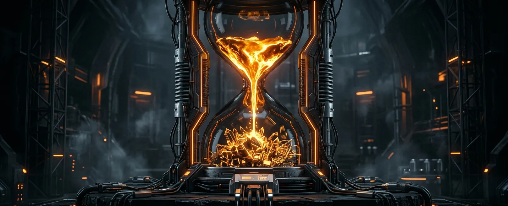 Метафора прибыли: песочные часы, где вместо песка течет жидкое золото, превращающееся в цифровые коды