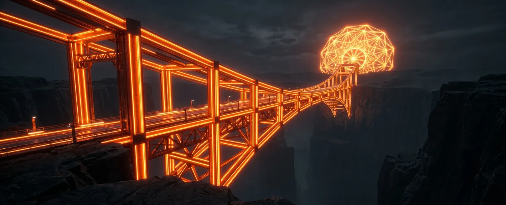 Метафора будущего: мост из чистого света, соединяющий темную скалу с сияющим горизонтом
