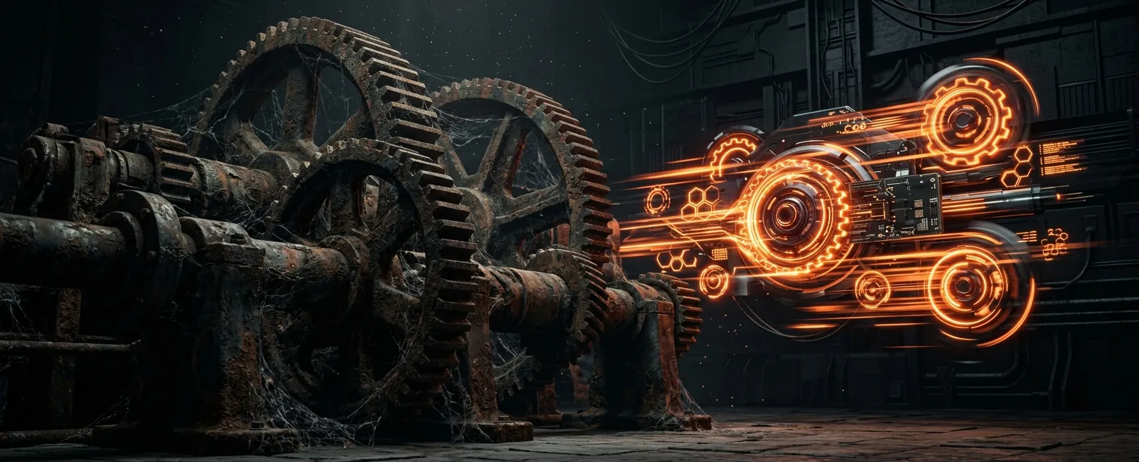 Старые, ржавые шестеренки, заросшие паутиной, на фоне стремительно движущихся светящихся механизмов