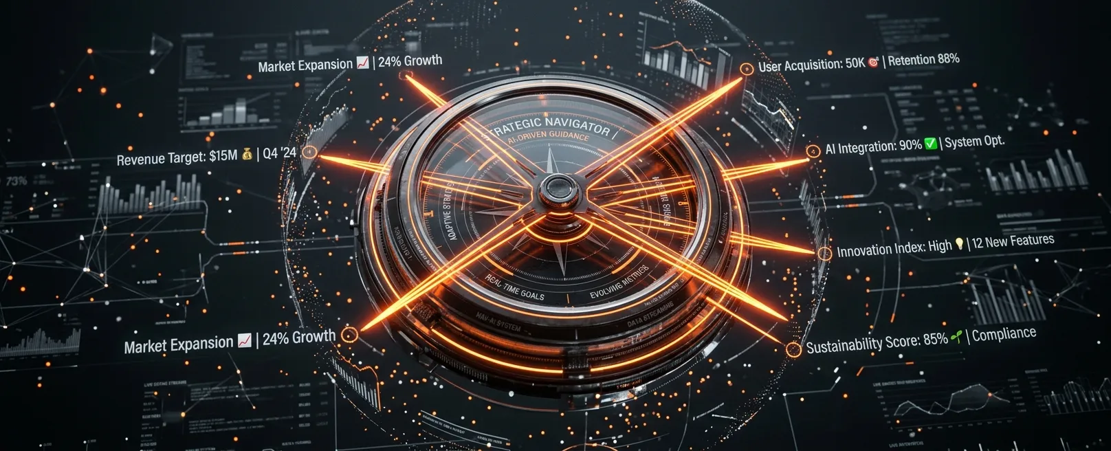 Футуристический компас, указывающий на множество динамично меняющихся, но четких целей, ведомый ИИ