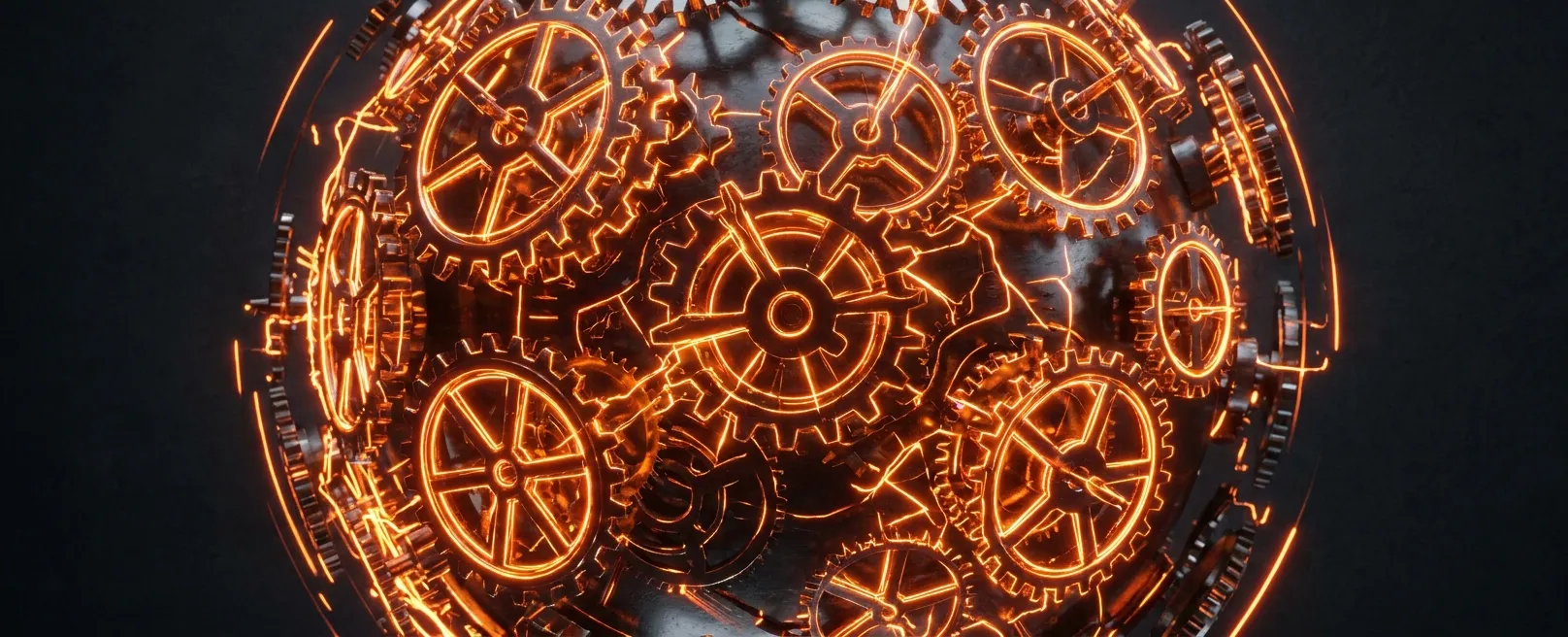 Механические часы, где шестеренки заменены на геометрические фигуры из оранжевого света