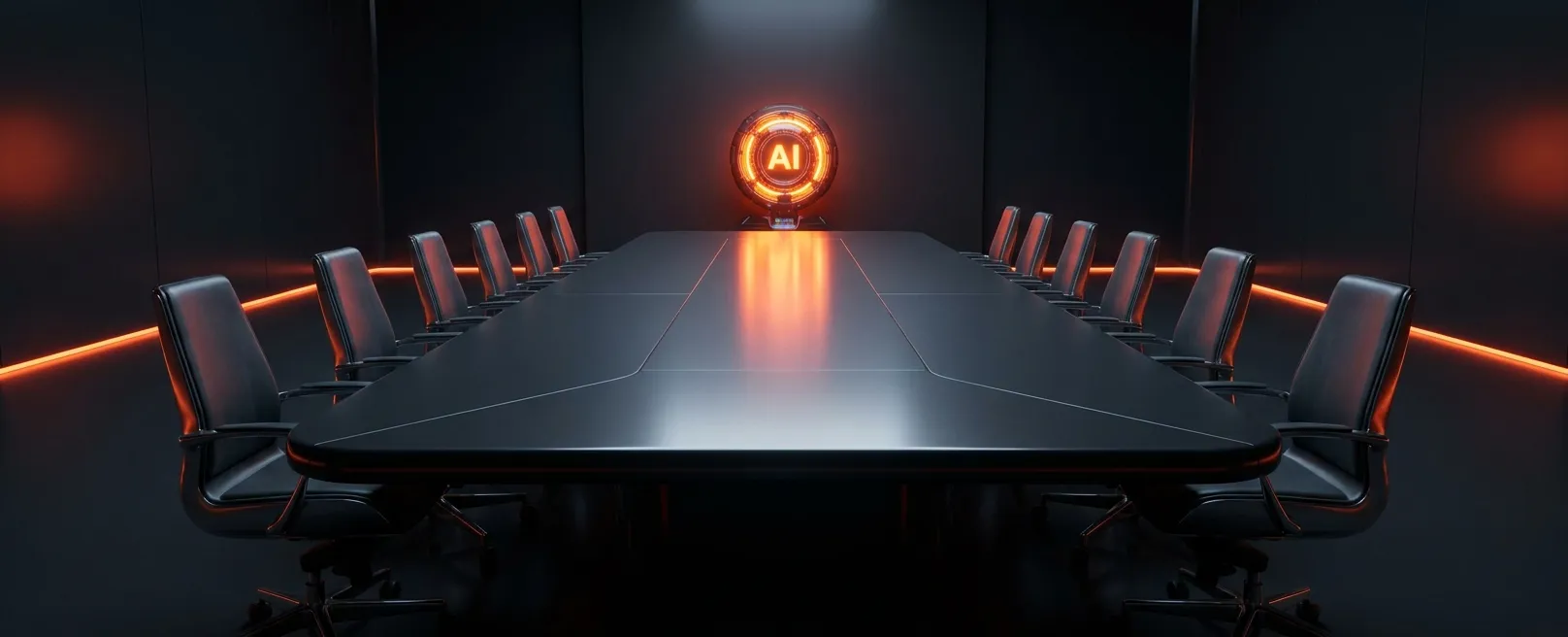 Пустой футуристичный стол переговоров с одним светящимся AI-ядром в центре, символизирующим смещение ролей.