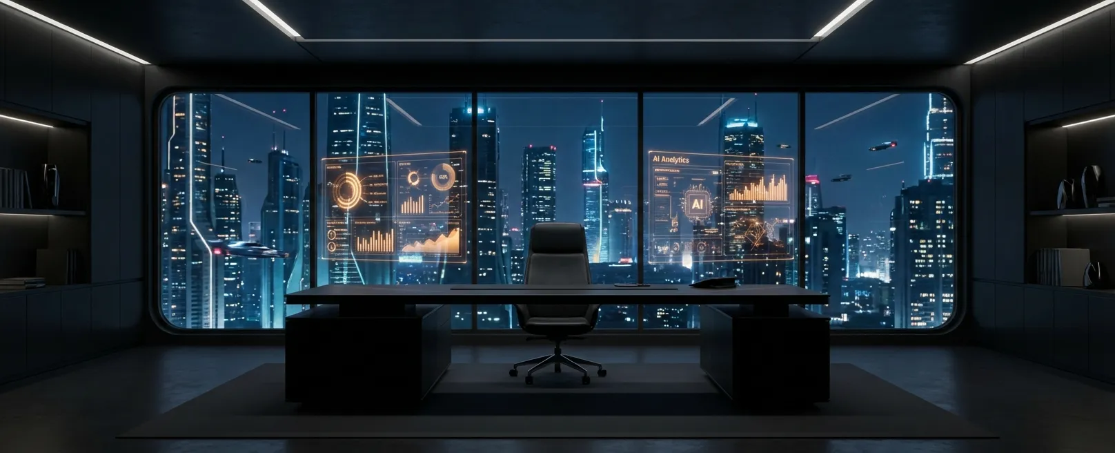 Футуристичный офис с голографическими интерфейсами