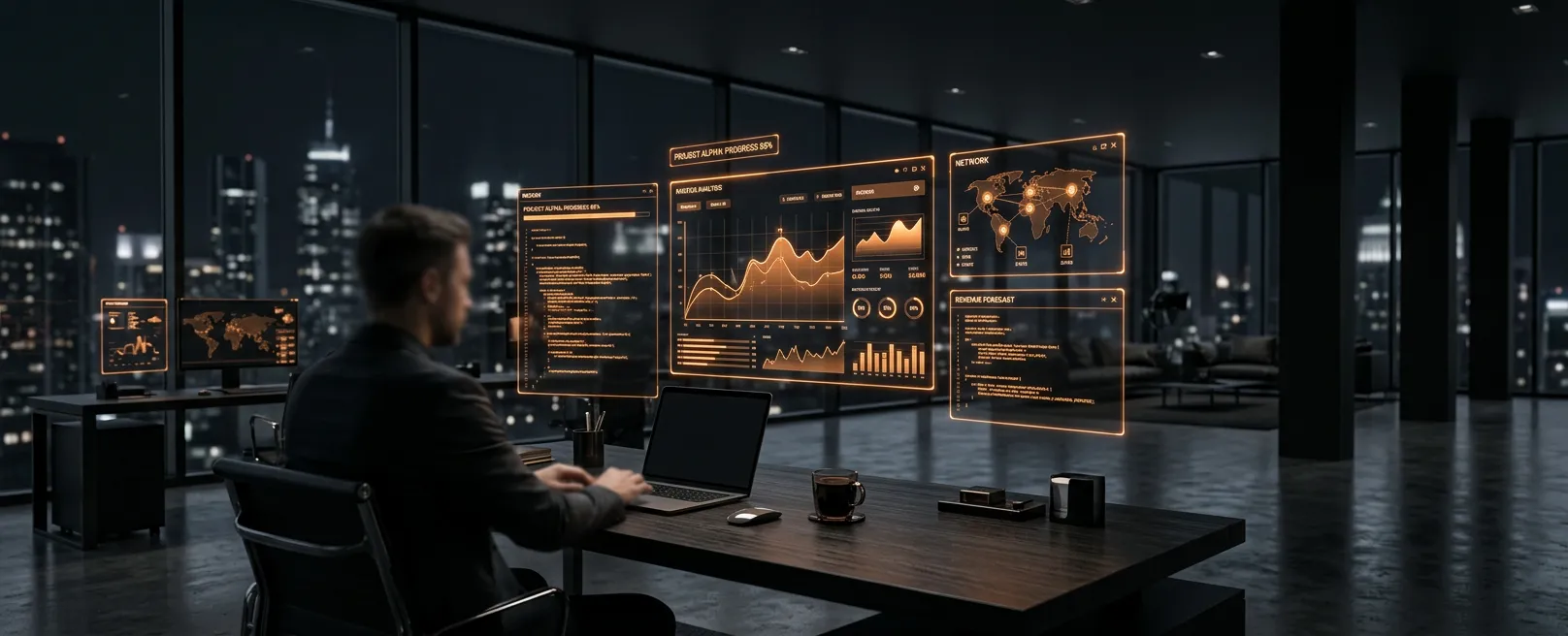 Футуристичный интерфейс, парящий в офисном пространстве