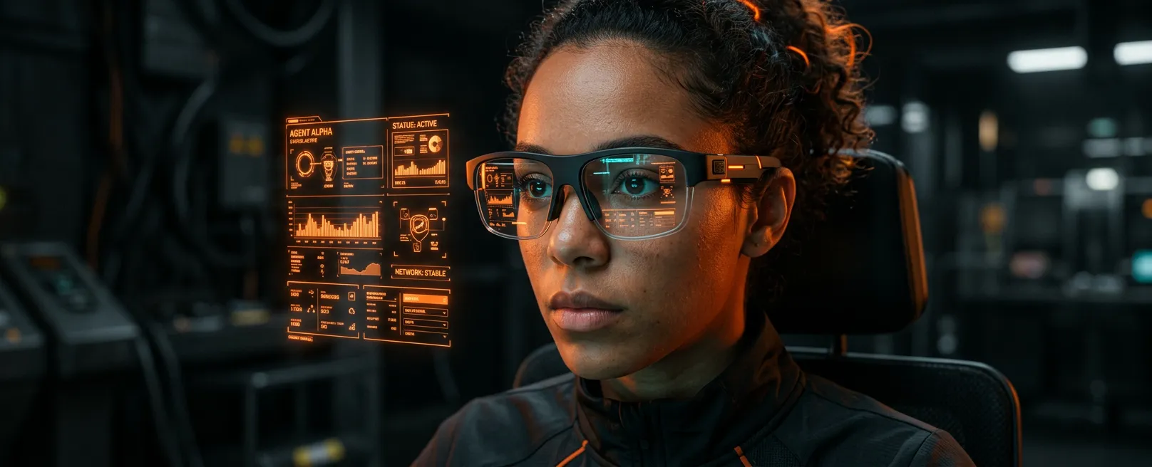 Лицо человека в AR-очках с отражением интерфейса управления ИИ