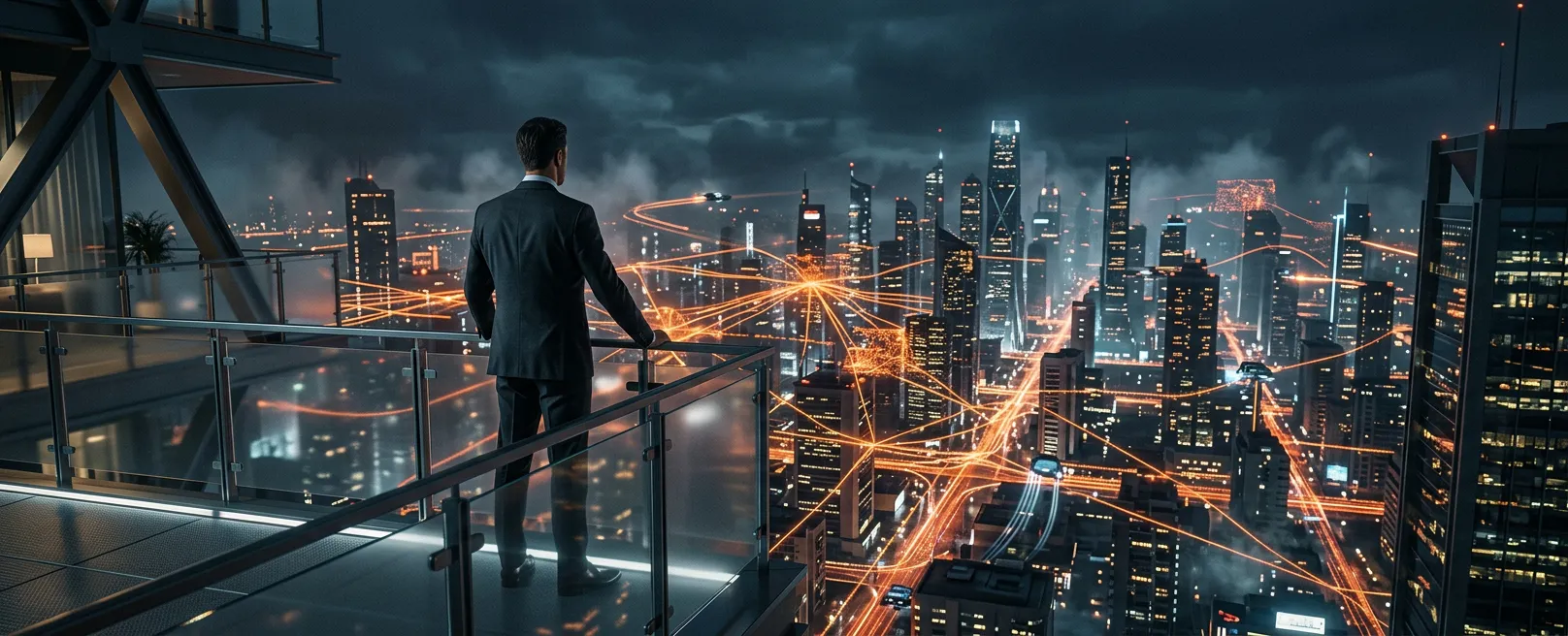 Топ-менеджер на балконе небоскреба с видом на нейросетевой город