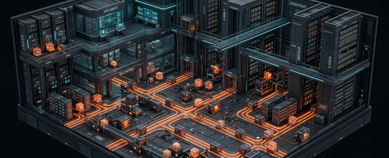 Изометрическая диорама автоматизированного склада будущего