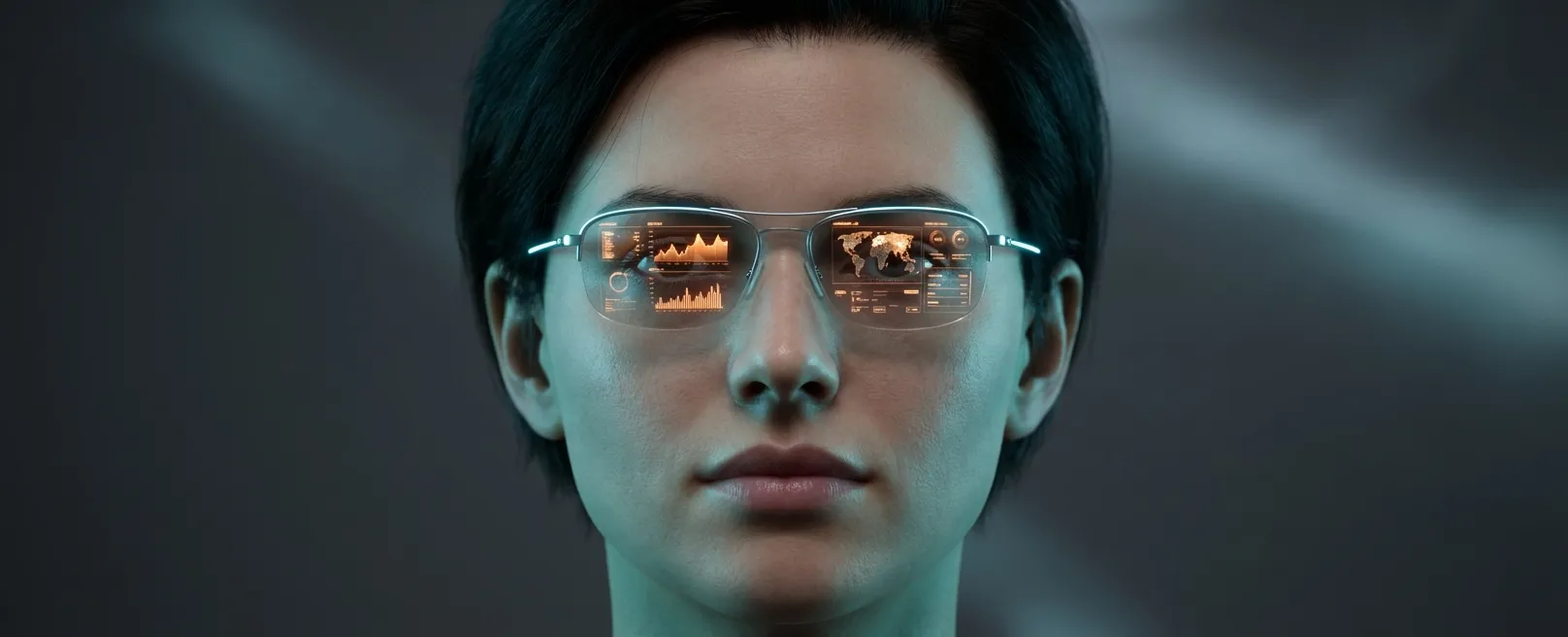 Человек в AR-очках с отражением интерфейса ИИ