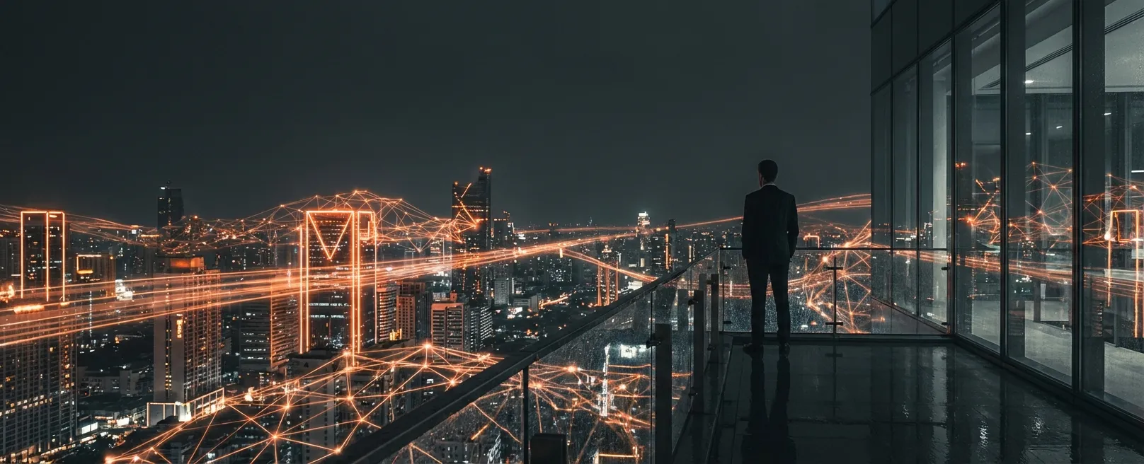 Топ-менеджер смотрит на футуристический город