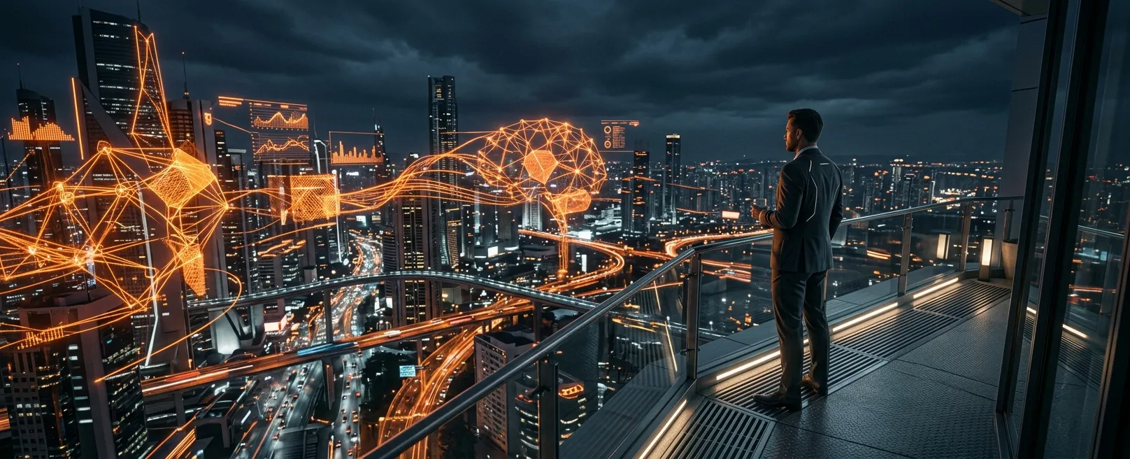 Топ-менеджер над футуристическим городом