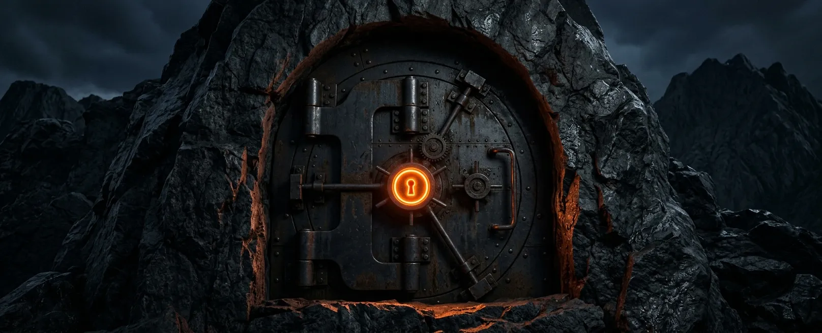 Огромный стальной сейф вросший в скалу с неоновым ключом