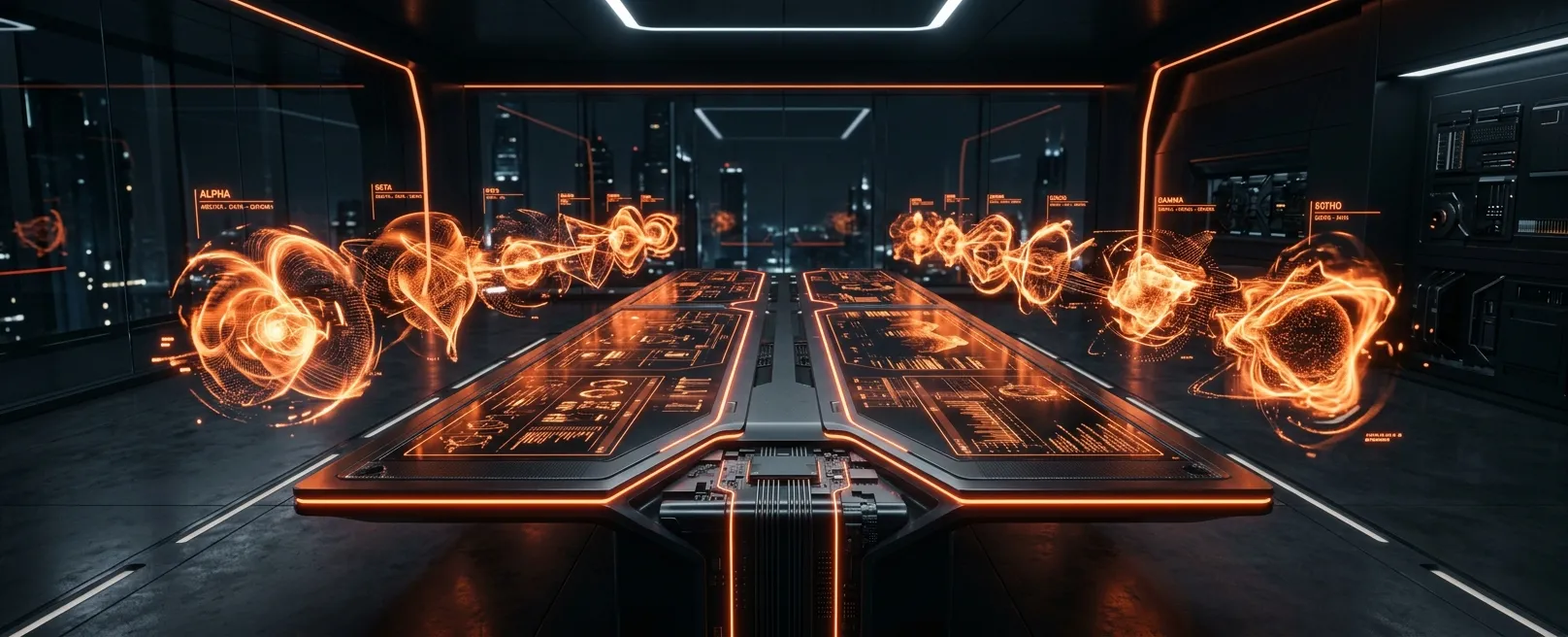 Пустой, но высокотехнологичный футуристический стол переговоров, где вместо людей за креслами сидят голограммы автономных AI-агентов, принимающих решения.