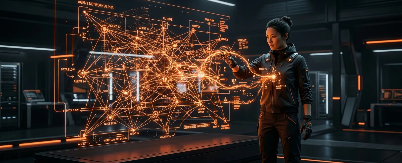 Архитектор в футуристической одежде стоит перед огромным, сложным голографическим чертежом, проектируя сложную сеть взаимосвязанных AI-агентов.
