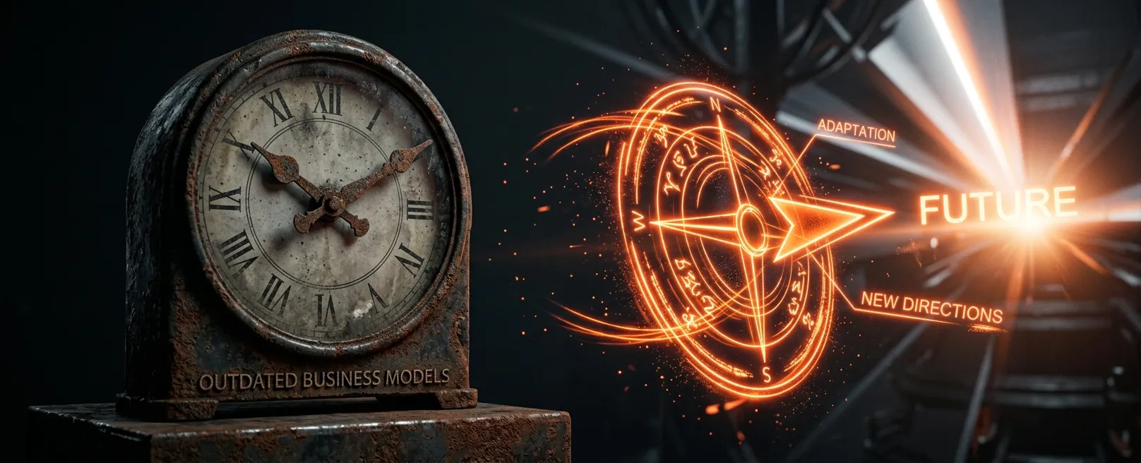 Старинные часы, стрелки которых застыли и покрылись ржавчиной, рядом с ними — динамично вращающийся, светящийся голографический компас, указывающий на будущее.