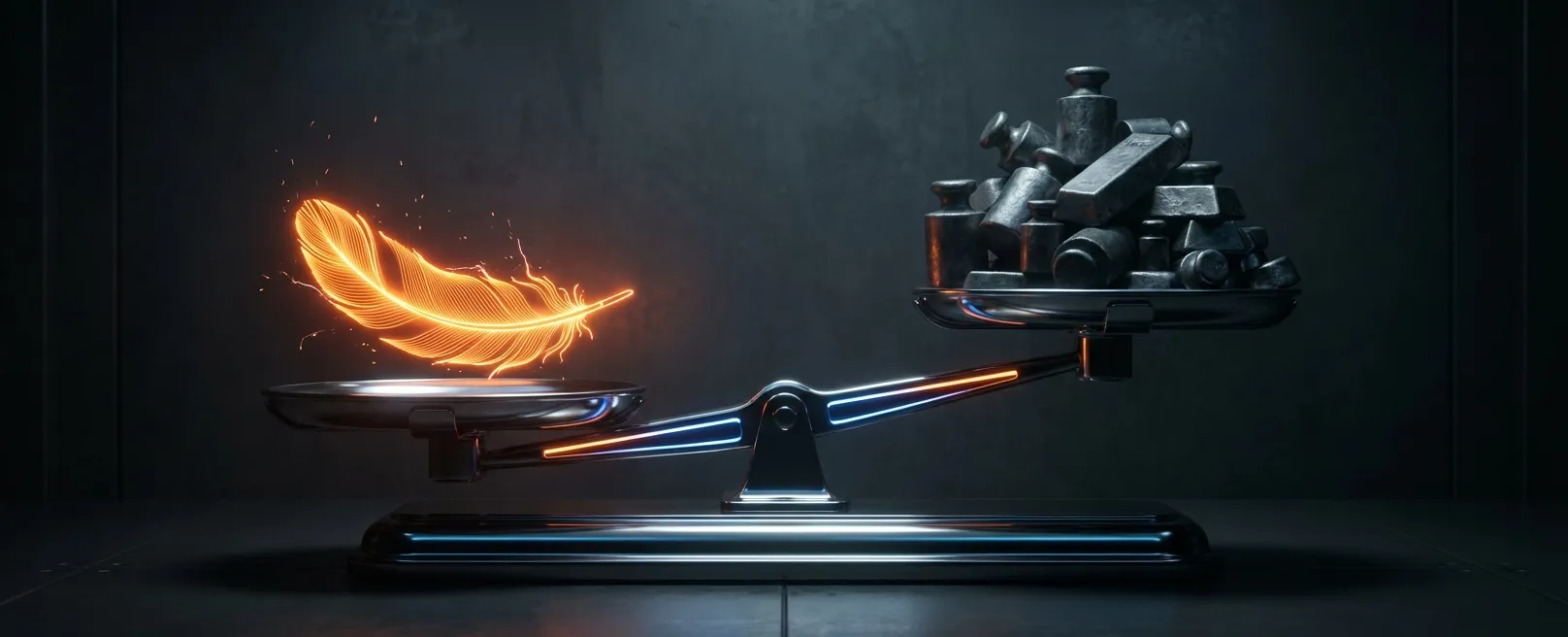 Неоновое оранжевое перо, перевешивающее гору свинца на весах