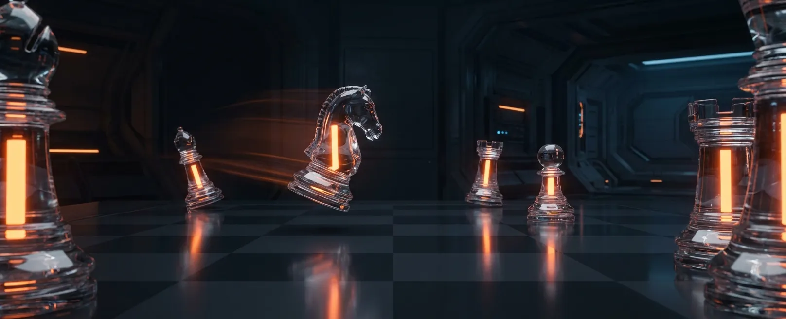 Прозрачные шахматы, двигающиеся сами по себе в неоновом свете