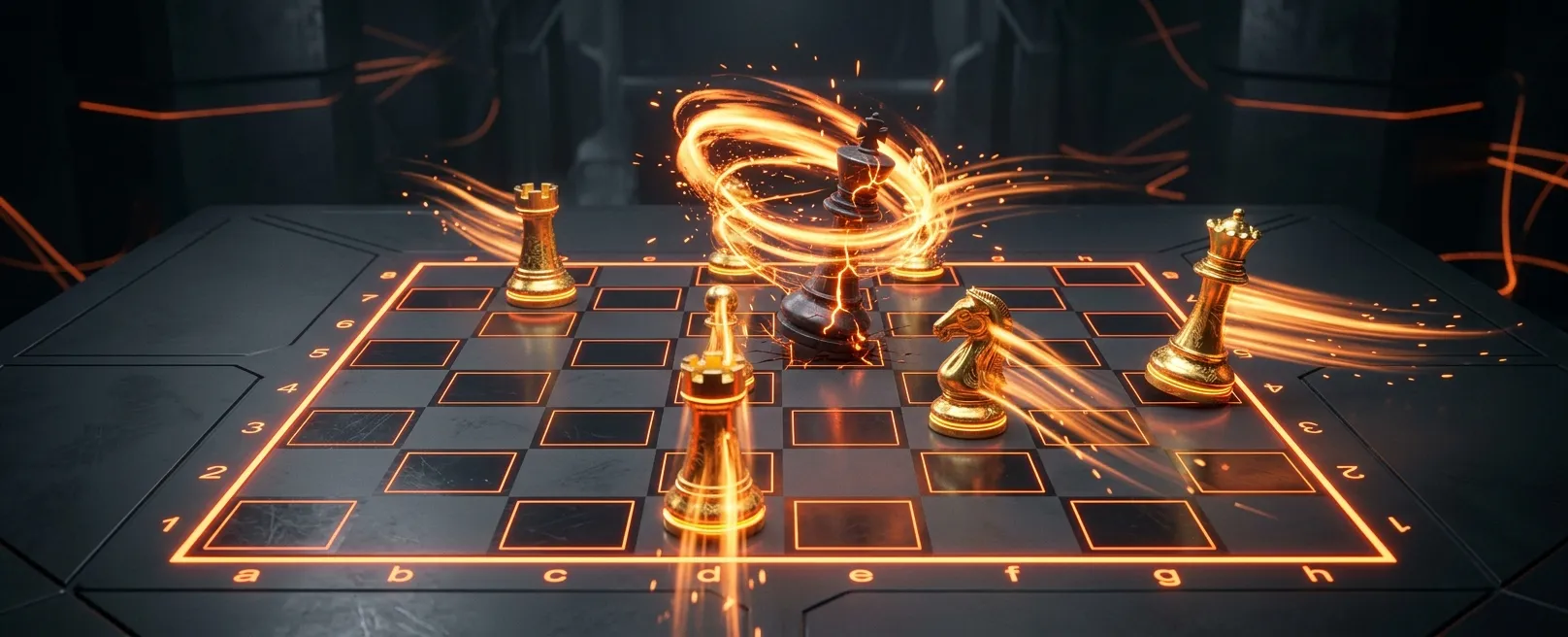 Золотые шахматные фигуры, двигающиеся сами по себе на графитовой доске