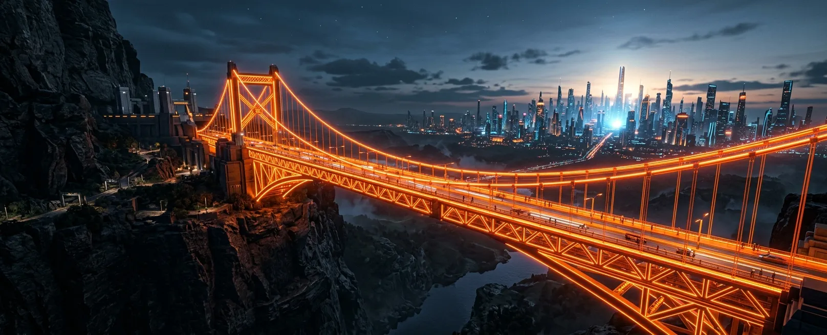 Огромный светящийся мост, уходящий в бесконечный цифровой горизонт