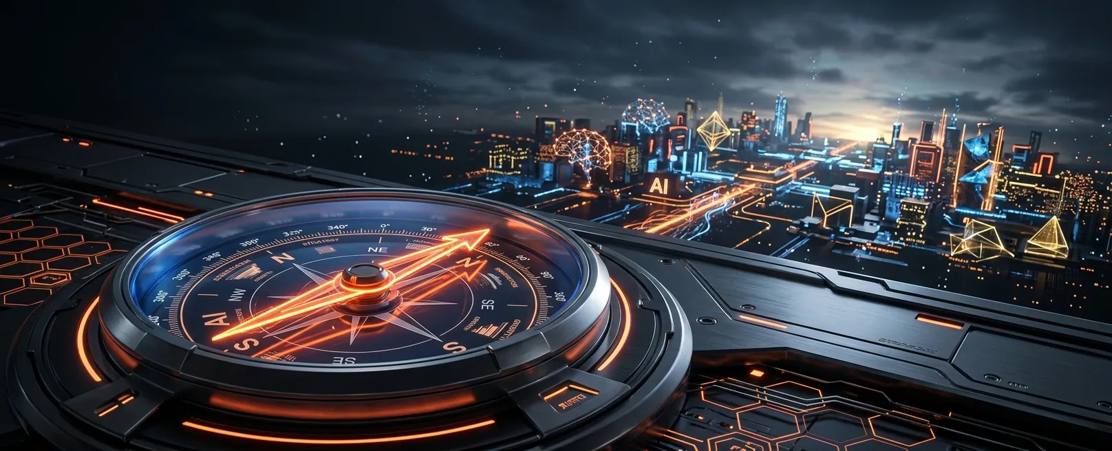 Футуристический компас, стрелка которого указывает на горизонт, где формируется новый цифровой ландшафт, символизируя стратегическое направление бизнеса в эпоху AI.