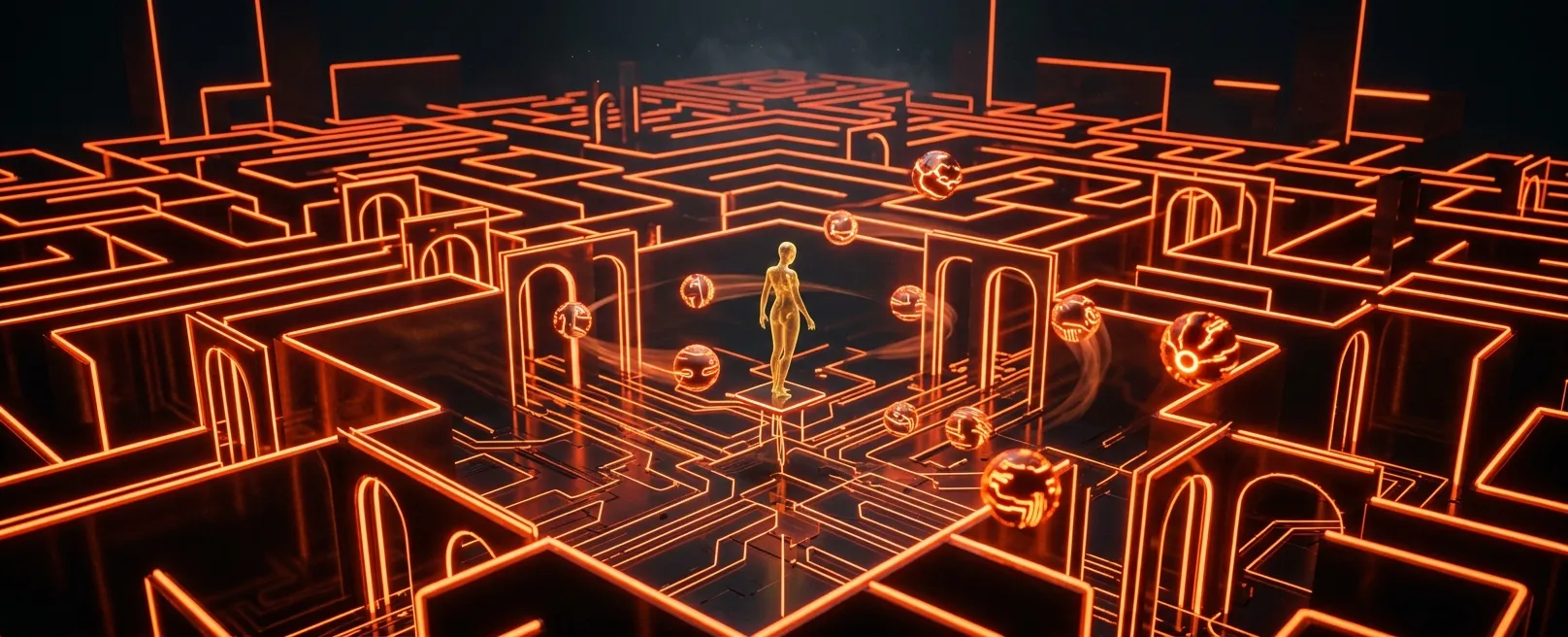 Лабиринт из светящихся неоновых стен, где в центре стоит хрупкая золотая фигура человека, окруженная множеством автономных, но потенциально угрожающих светящихся сфер.