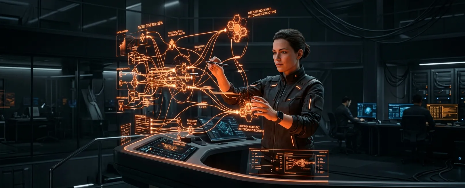 Футуристический командный центр с голографическими проекциями сложных агентских архитектур, где человек-архитектор управляет потоками данных и решений.