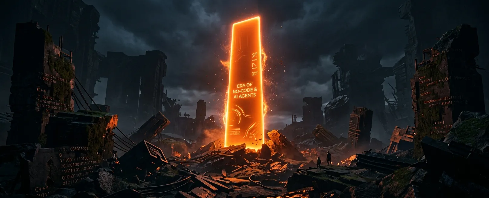 Одинокий, но мощный, светящийся монолит, возвышающийся над руинами старых, сломанных цифровых структур, символизирующий новую эру No-Code и AI-агентов.