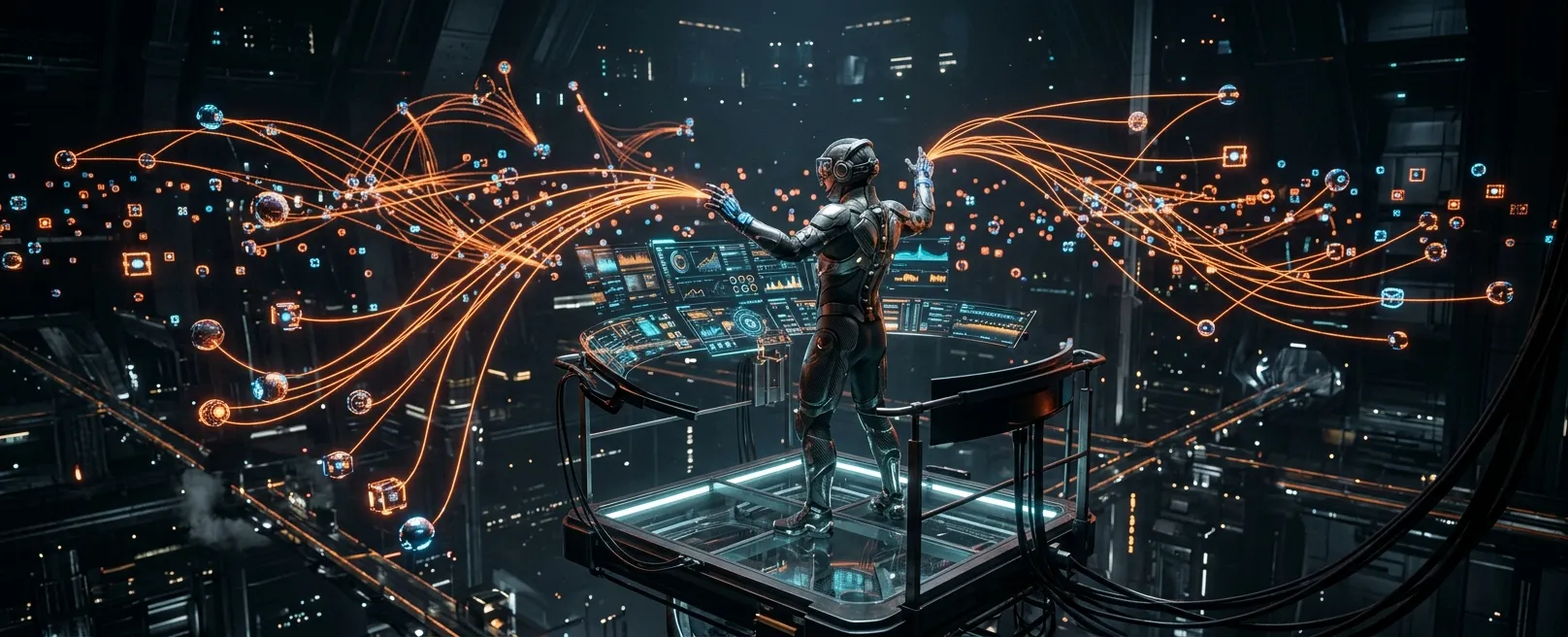 Футуристический дирижер, управляющий оркестром из светящихся сфер и кубов (AI-агентов) через визуальный интерфейс, символизирующий 'Архитектуру Агентов' через No-Code.