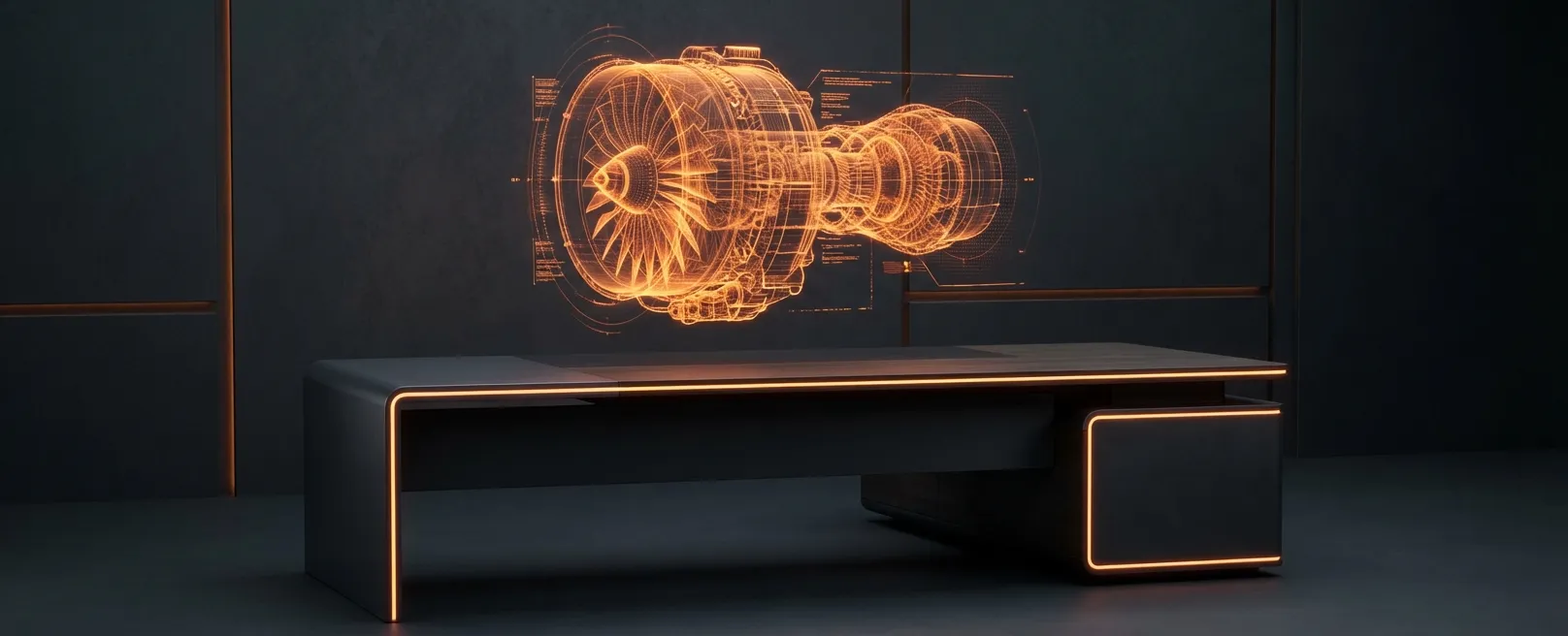 Футуристический стол архитектора с голографическими чертежами