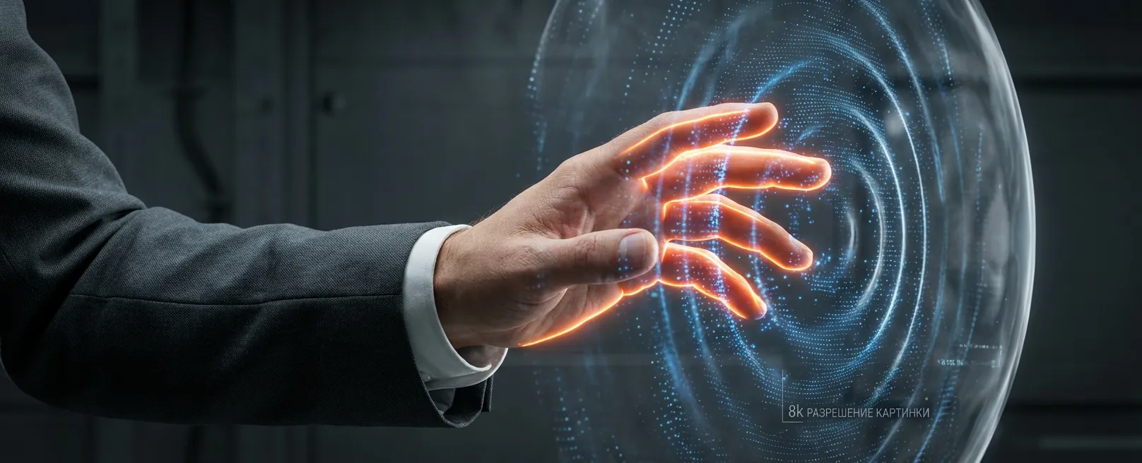 Рука, касающаяся невидимой стены, которая светится оранжевыми искрами