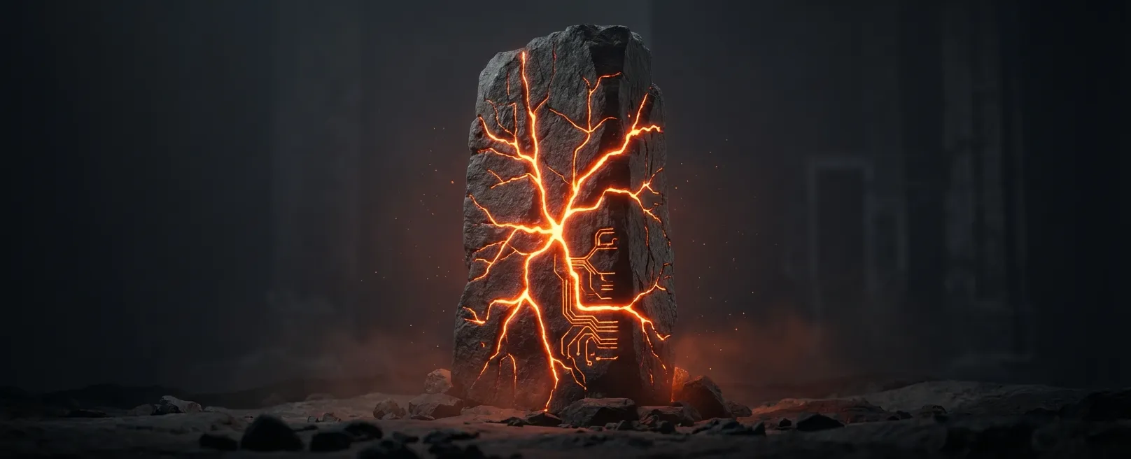 Массивный монолит из черного камня с пульсирующими оранжевыми венами внутри