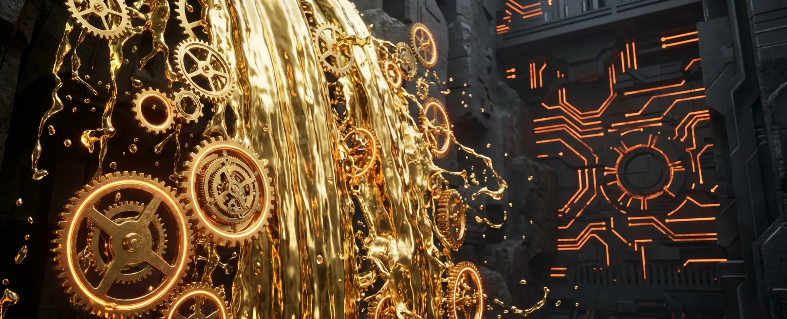 Застывший золотой водопад, где капли превращаются в шестеренки