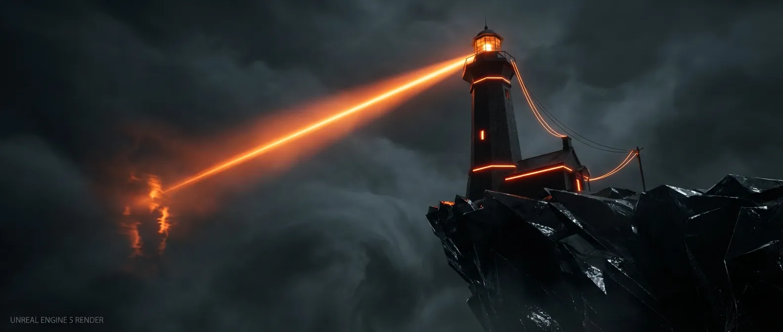 Футуристичный маяк, разрезающий тьму оранжевым лучом
