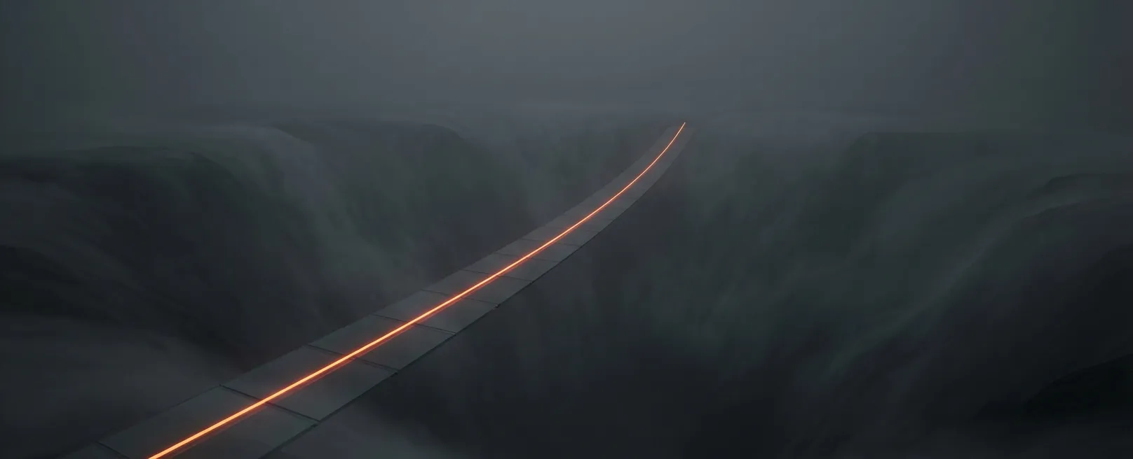 Тонкий стеклянный мост над бездонной пропастью, подсвеченный одной оранжевой линией