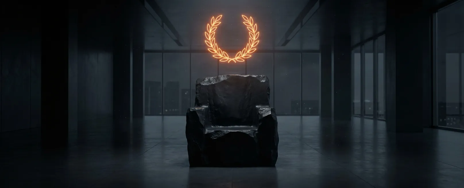 Массивный трон из обсидиана в пустом зале, над которым парит оранжевый неоновый лавровый венец